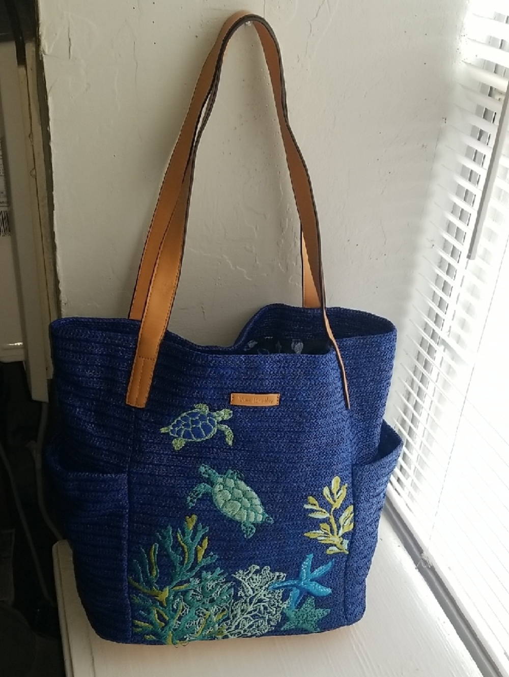 Vera Bradley Navy Blue Embroidered Sea Turtle Tote with Tan Straps - Picture 5 of 9